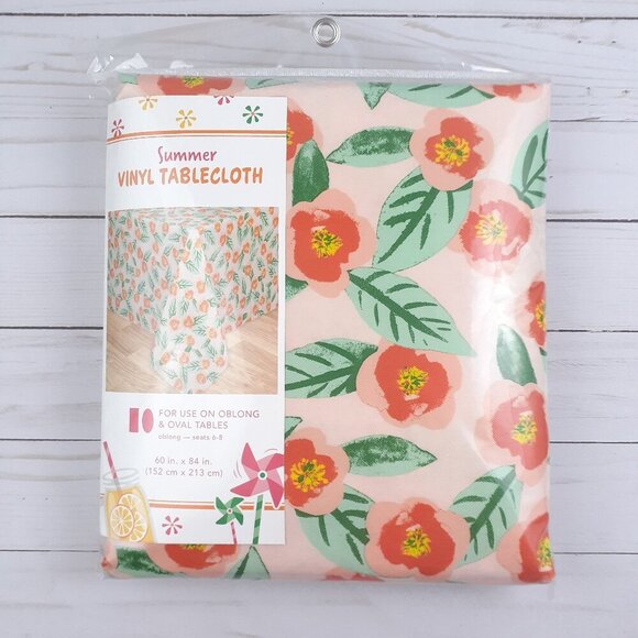 Vinyl Tablecloth Peach Flowers Floral 60x84 Picnic Party Camping - Picture 1 of 2